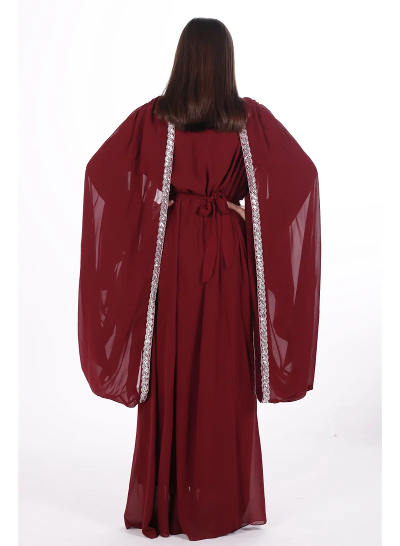 AL BENT AL SHARQIEH burgundy emboidered chiffon kaftan dress for Women | Best Price UAE